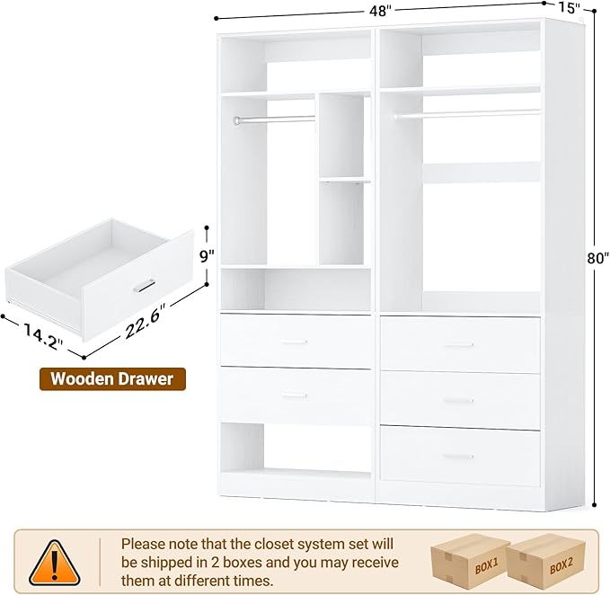 4FT Closet Systems with 5 Wood Drawers, 48 Inch Closet Organizer System with 2 Hanging Rods & 7 Shelves, Heavy Duty 48" Walk-in Closet , White (48"L x 15" W x 80" H)