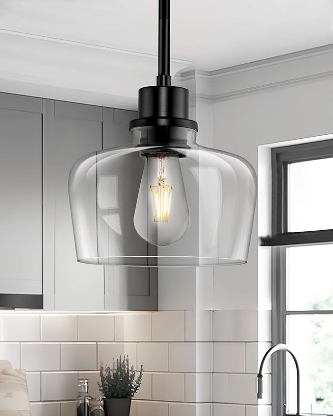 Emak Modern Black Pendant Lights, 8 Inch Kitchen Pendant Lighting Over Island with Clear Glass Shade, Farmhouse Hanging Lights for Kitchen, Bathroom, Bedroom, Dining Room, PL122-BK-CG
