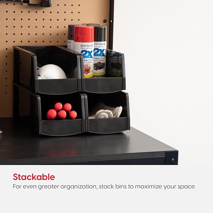 IRIS USA Medium Stackable Storage Bins, 8-Pack, 11"L x 6"W x 5"H, |Made in USA|, Plastic Open Front Shelf Bin for Organizing Parts, Hardware, Tools, Supplies, Garage Shelf, Pantry - Black