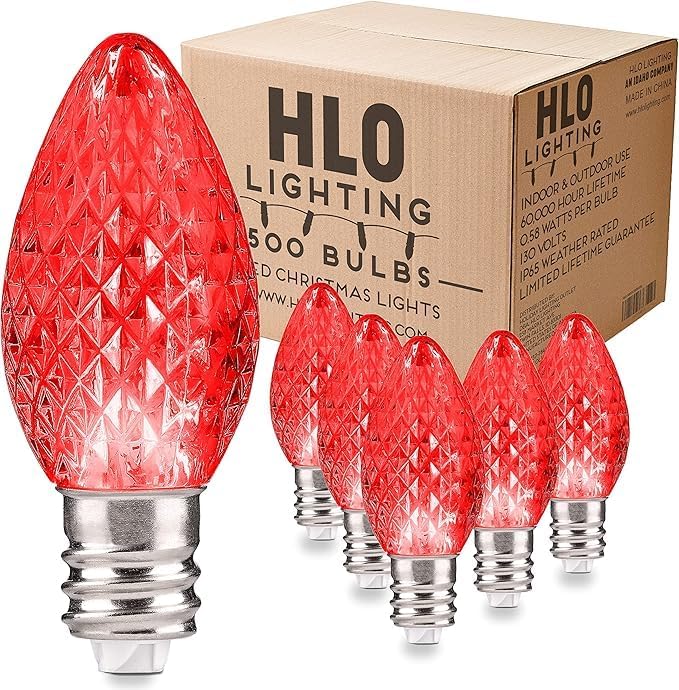 Holiday Lighting Outlet Faceted C7 Christmas Lights | Red LED Light Bulbs Holiday Decoration | Warm Christmas Decor for Indoor & Outdoor Use | 2 SMD LEDs in Each Light Bulb | Set of 500