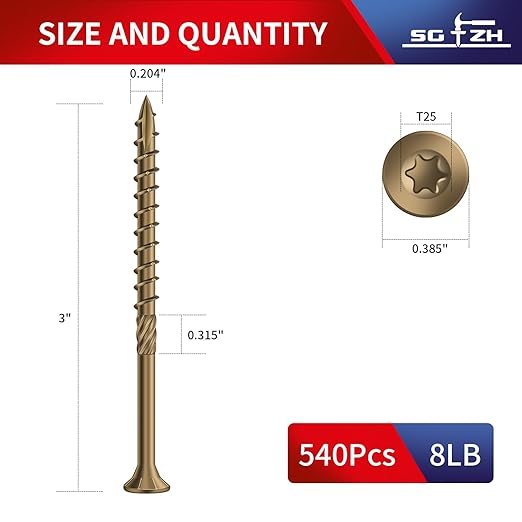 #10 x 3 Inch Deck Screws (540Pcs) 8lb. Carbon Steel, Yellow, Flat Head, Rust Resistant epoxy Coated, with T25 Star Bit