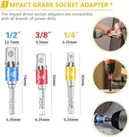 Flexible Drill Bit Extension and Universal Socket Wrench Tool Set, Hex Shank 105° Right Angle Drill Attachmen, 3pcs 1/4 3/8 1/2" Universal Socket Adapter Set and Screwdriver Bit Kit