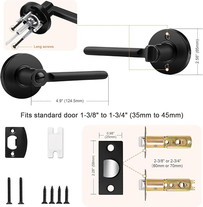 Probrico Privacy Door Handles for Bedroom and Bathroom Black Privacy Door Handle Lever, Keyless Interior Door Handles Bed Bath Door Lockset, 2 Pack