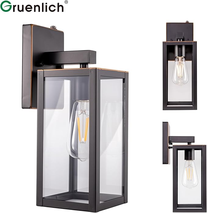 GRUENLICH Dusk to Dawn Large Outdoor Wall Lantern, Wall Sconce as Porch Lighting Fixture, E26 Base Max 60W, Metal Housing with Glass Shade (Oil Rubbed Bronze, 1-Pack)