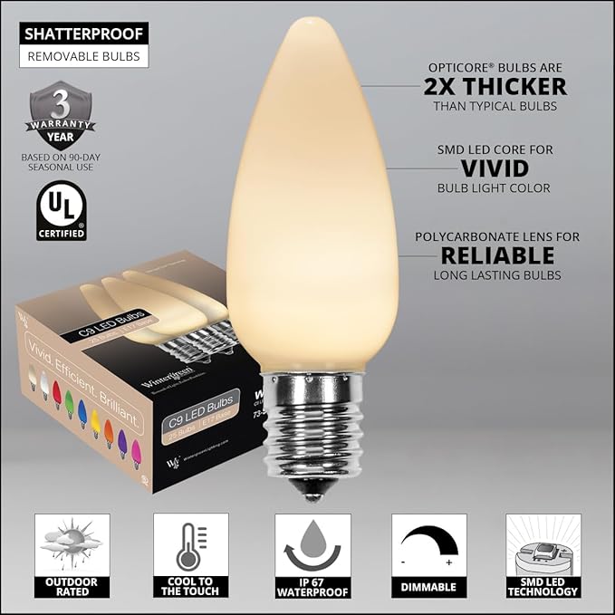 Wintergreen Lighting 25-Pack OptiCore C9 LED Warm White Christmas Light Bulbs - Replacement LED Christmas Lights Heavy Duty Vintage Ceramic Style Bulbs, E17 Base (Warm White Smooth)