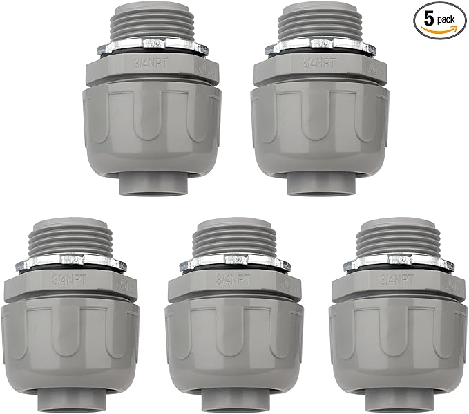 Conduit Connectors, 3/4 Inch Liquid Tight Connector NPT Non-Metallic for PVC Electrical Flexible Conduit Fittings, 180 Degree Straight, UL Listed for Home Outdoor Tubes Tools, Grey (5-Pack)
