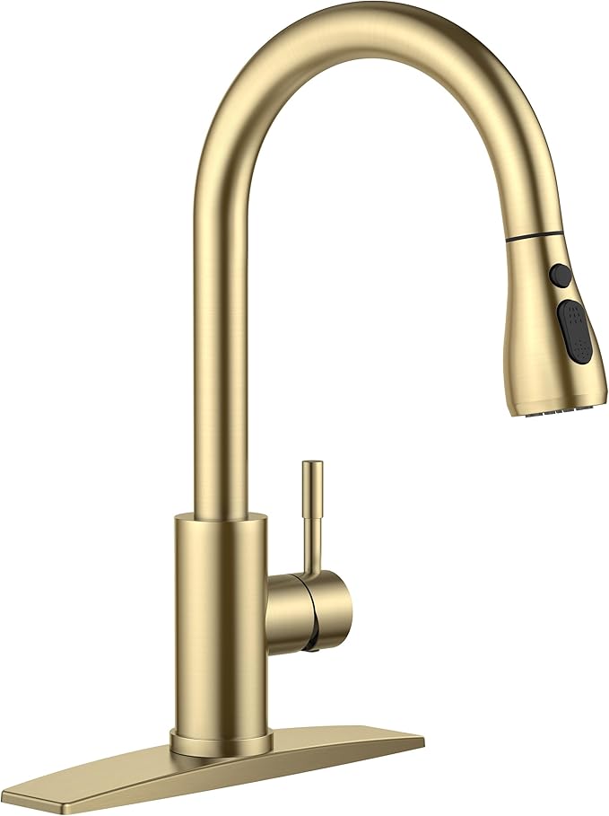 Kitchen Faucet with Pull Down Sprayer, Gold High Arc Stainless Steel Classic Sink Faucet, Single Handle with Deck Plate for 1 or 3 Hole Sinks for RV Bar Laundry Farmhouse