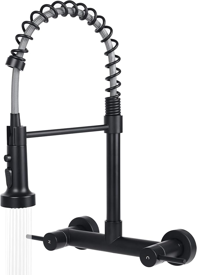 Wall Mount Kitchen Sink Faucet, 8 Inch Center Wall Mount Kitchen Faucets with 3-Function Pull Down Sprayer, Dual Handles Commercial Faucet for Kitchen Laundry Restaurant (Black)