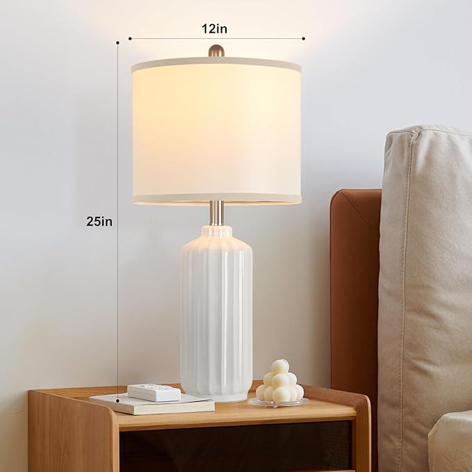 Lamp for Living Room Bedroom Lamps Farmhouse Table Lamps Set of 2 Vertical Stripe Ceramic Table Lamp,Linen Shade with Bulb, 25 in High, White