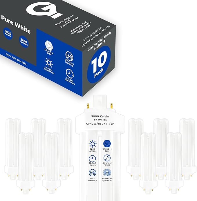 GoodBulb 42 Watt CFL Light Bulbs 4 Pin GX24Q-4 Base 5000K Daylight 42W High Output 3200 Lumens Triple Tube Compact Fluorescent Light Bulbs Plug-in 10 Pack