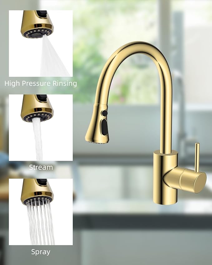 Hibbent Pull Down Spray Head for Kitchen Faucet, NSF/ANSI/CAN 61 & CUPC Certified 3-Function Spray Nozzle, 14 Adapters, Sink Faucet Head Replacement Compatible with Moen, Delta, Kohler, Polished Brass