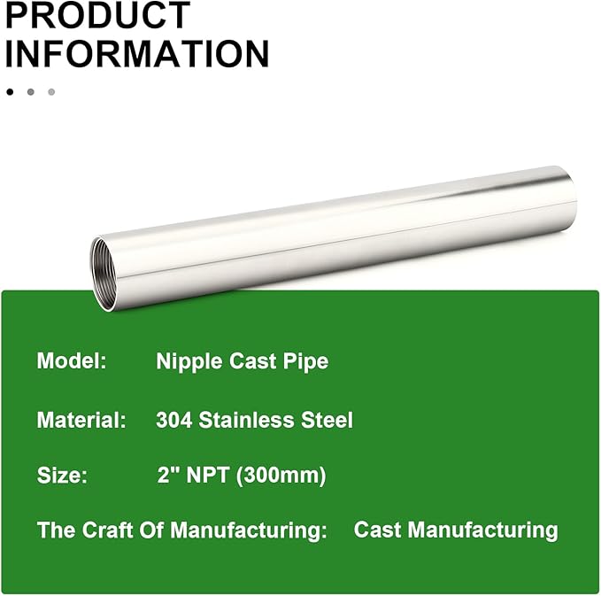 TAISHER 1PCS Stainless Steel Pipe Fittings, 2" NPT Female x 2" NPT Female Threaded, 12" Length Nipple Cast Pipe