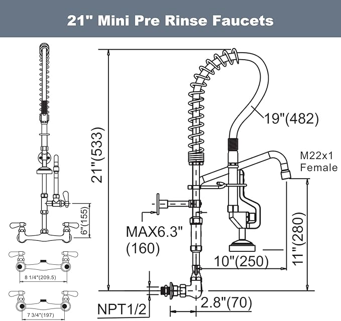 Commercial Kitchen Faucet Wall Mount with Pre-Rinse Sprayer 21" Height Wall Mount Kitchen Sink Faucet 8 Inch Center with 10" Add-on Swing Spout Faucet & Coiled Spring Pull Down Spray