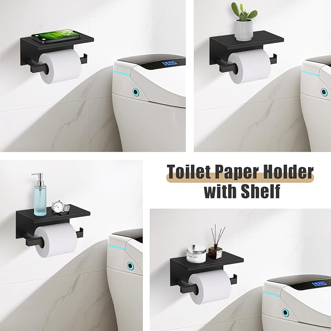 YACVCL 5-Pieces Matte Black Bathroom Hardware Accessories Set 23.6 Inch Towel Bar Set Upgraded Toilet Paper Holder with Shelf Stainless Steel Wall-Mounted Bathroom Hardware Set