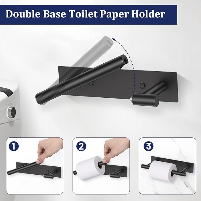 Matte Black Toilet Paper Holder, Adhesive or Screw Toilet Roll Holder Wall Mount, SUS304 Stainless Steel Double Post Pivoting Toilet Roll Holder for Bathroom, Kitchen, Washroom