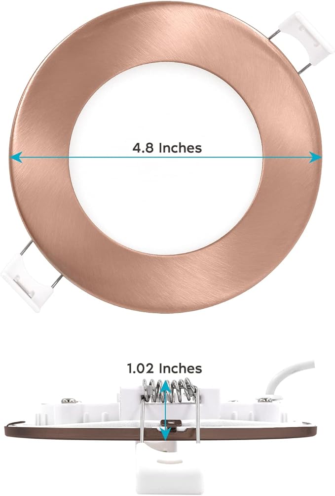 LUXRITE 4 Inch Ultra Thin LED Recessed Light with J-Box, 10W, 5 Color Options 2700K | 3000K | 3500K | 4000K | 5000K, Dimmable Wafer Lights, 750 Lumens, Copper Trim, Energy Star, IC Rated (4 Pack)