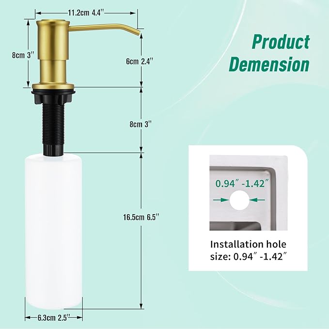 CREA Brushed Gold Kitchen Soap Dispenser Countertop Soap Dispenser for Kitchen Sink, Built in Sink Soap Dispenser for Bathroom with 39" Tube Large Capacity 17 OZ Bottle