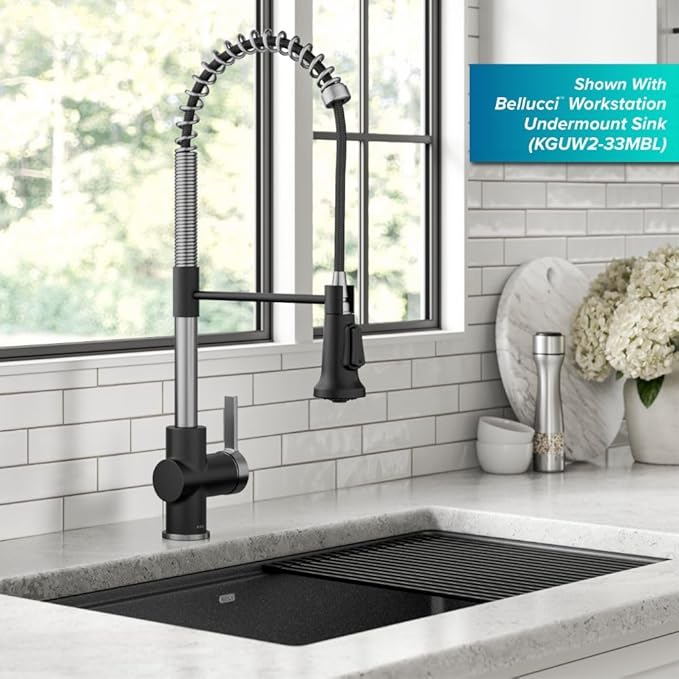 KRAUS Britt Commercial Style Single Handle Pull Down Kitchen Faucet in Spot-Free Stainless Steel/Matte Black, KPF-1691SFSMB