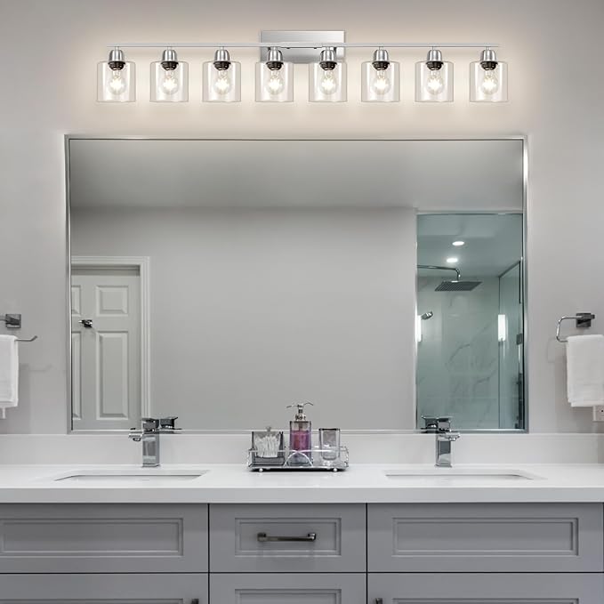 Modern Brushed Nickel 8 Light Bathroom Light Fixtures,52 inch Vanity Lights for Bathroom with Clear Glass for Mirror Kitchen Living Room Hallway Cabinet Porch