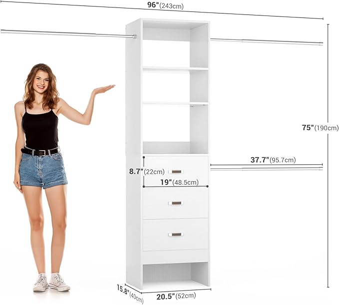 96'' Closet Organizer System with 3 Hanging Rods (Without 3 Storage Shelves), 8FT Closet Systems, Wall Mount Bedroom Wardrobe with 3 Wood Drawers, Adjustable Garment Rack from 5 to 8FT, White