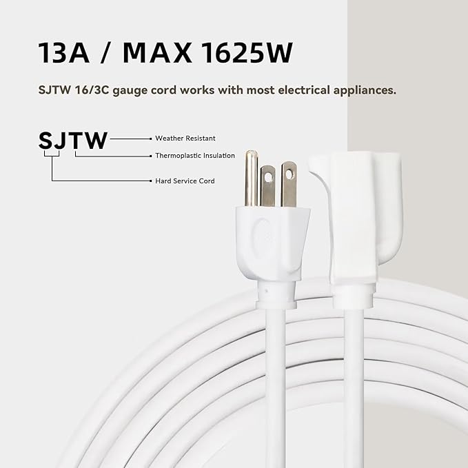 50ft Outdoor Extension Cord for Christmas Decorations - 16/3 Heavy Duty SJTW Waterproof White Electrical Cable with 3 Prong Grounded Plug for Safety, Great for Lawn and Major Appliances