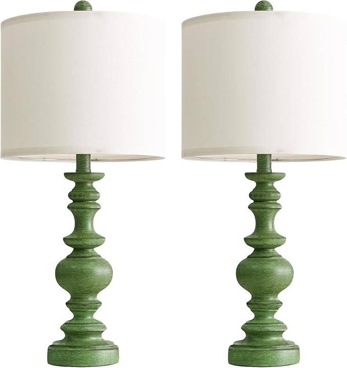 BOBOMOMO 24" Farmhouse Table Lamps Set of 2 – Sage Green Bedside Lamps with Linen Shades, Medium Traditional Lamps for Living Room, Bedroom, and Entryway, Vintage Lamp with Soft Natural Serenity
