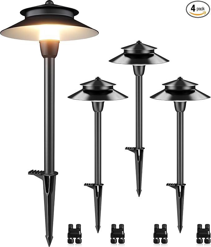 SUNVIE 3W Low Voltage Pathway Lights Wired Landscape Path Lights Outdoor Low Voltage Landscape Lighting 3000k Waterproof LED Landscape Lights with Connector for Garden Walkway, 4 Pack