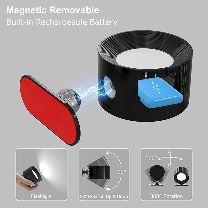 Koopala 2PCS Rechargeable Battery Operated LED Wall Lamps, Wall Mounted Lights with 3 Brightness 3 Color Temp Removable Charging 360°Rotate Magnetic, Cordless Wall Sconces for Reading Bedside-Black