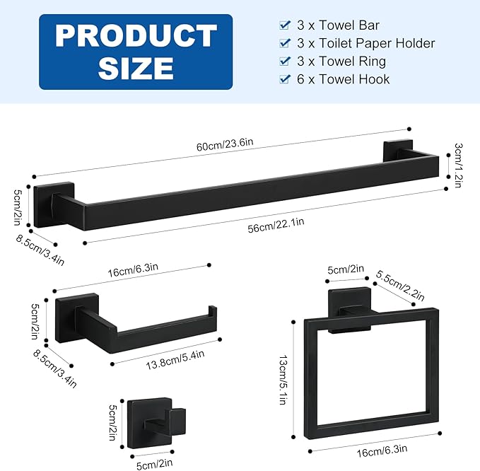 Cilee 15-Pieces Bathroom Hardware Set - Matte Black Bathroom Accessories, 24 Inch Towel Bar, Square Towel Ring, Toilet Paper Holder, Towel Hook, Wall-Mounted Stainless Steel Towel Bar Rack Set