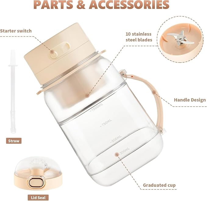 Portable Blender,FOUSIUTIM Personal Blenders for Shakes and Smoothies with34oz Cup, Lid and Shoulder Strap, Type-C USB Rechargeable, Personal Size Blenders BPA-free for Home，Gym/Travel