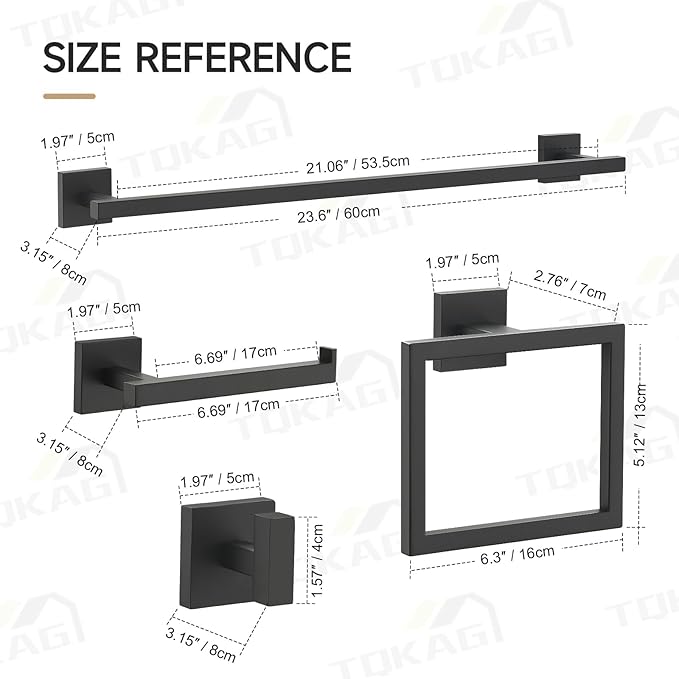 TQKAG 5-Piece Matte Black Bathroom Hardware Set Classic Wall Mounted Bathroom Accessories Set SUS304 Stainless Steel Towel Bar Sets 23.6" Towel Rack for Bathroom Towel Holder Set,Black