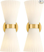 Modern Wall Sconce Set of 2, HWH 2-Light Up Down Wall Light Indoor Vanity Wall Lamp, Brushed Gold Bathroom Vanity Sconce Frosted White Striped Glass Shade, 5HZG97B-2W-2PK BG