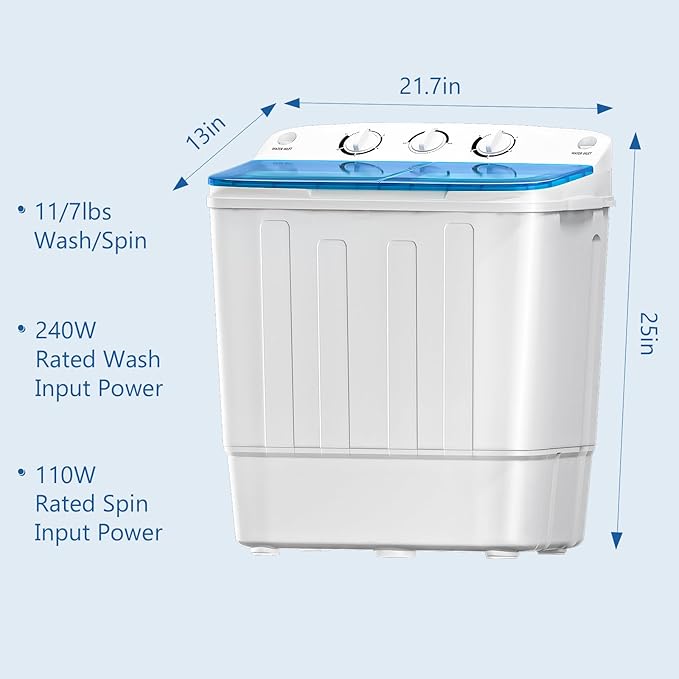 Portable Mini Twin Tub 18Lbs Washing Machine with Drying Rack & 10 Hangers, Washer(11Lbs) and Spinner(7Lbs) Combo with Timer Knob, Compact Semi-automatic Laundry Washer for Home Dorm Apartment, Blue
