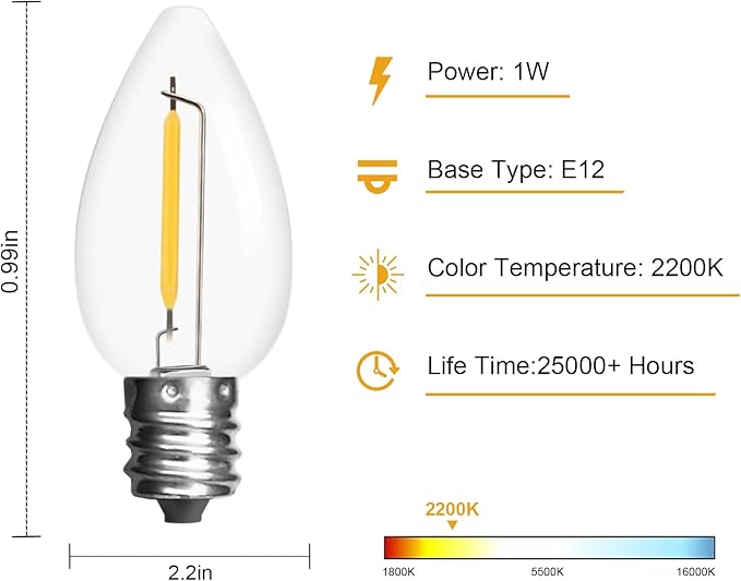 Jslinter 25Pack C7 LED String Light Bulbs Replacement, 1W(11W Equivalent), 60LM, 2200K Warm White, Shatterproof, E12 Screw Base, Vintage Edison Bulbs for Patio Garden