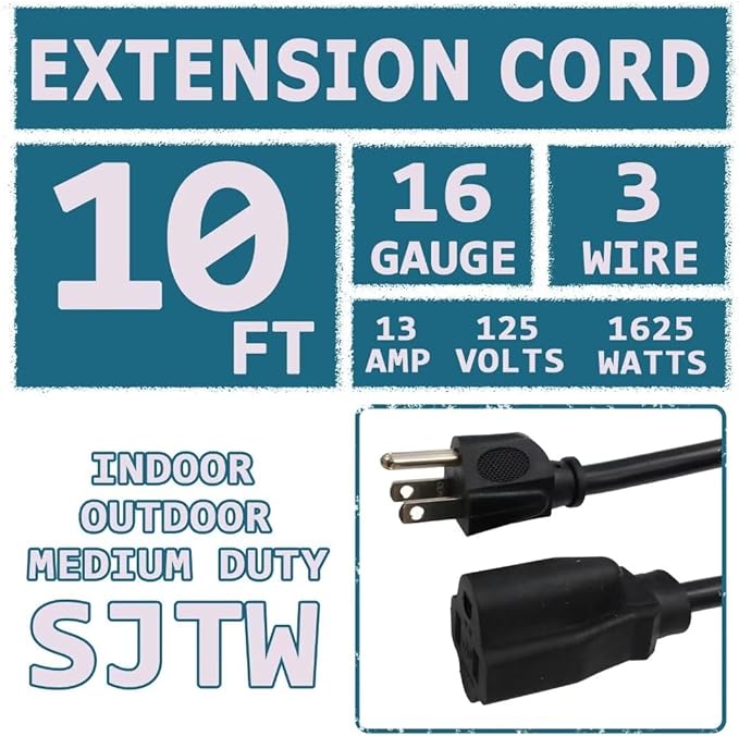 Indoor Outdoor Extension Cord 10 FT Waterproof, 16/3 Gauge Heavy Duty Black Extension Cords, 13A 1625W SJTW Extension Cord with 3 Prong Grounded Plug, Great for Tools, Lights, UL Listed.