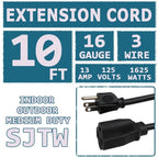 Indoor Outdoor Extension Cord 10 FT Waterproof, 16/3 Gauge Heavy Duty Black Extension Cords, 13A 1625W SJTW Extension Cord with 3 Prong Grounded Plug, Great for Tools, Lights, UL Listed.