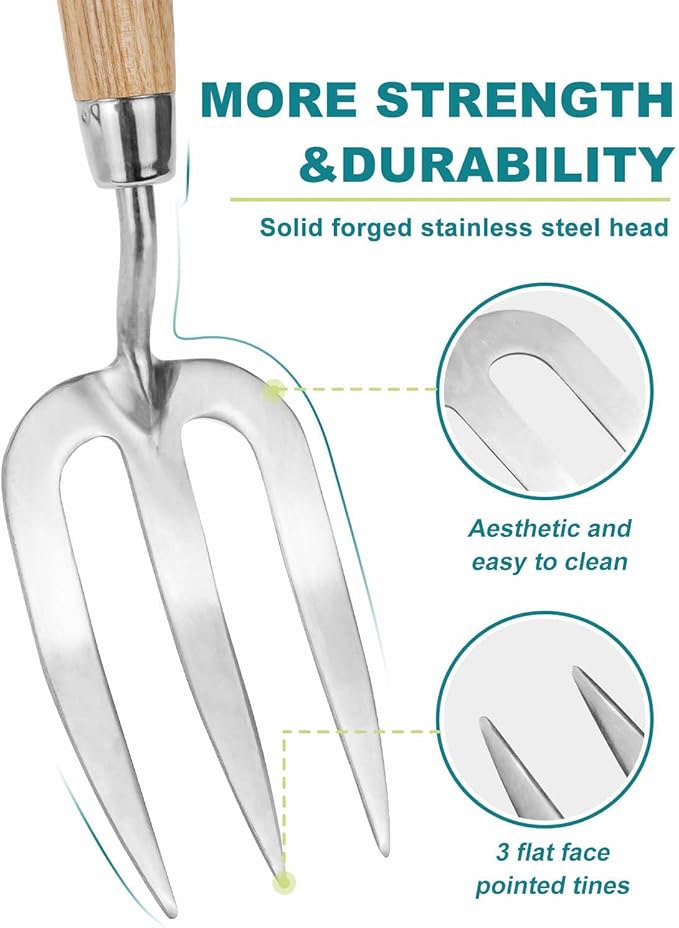 Garden Fork Hand Tool Small Weeding Fork 12 Inch with 3 Pointed Tines Wood Handle for Gardening Weeding Cultivating Digging Planting Transplanting Aerating Loosening Hard Soil Mixing Additives