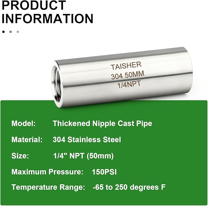 TAISHER 2PCS Stainless Steel Pipe Fittings, 1/4" NPT Female x 1/4" NPT Female Threaded, 2" Length Thickened Nipple Cast Pipe