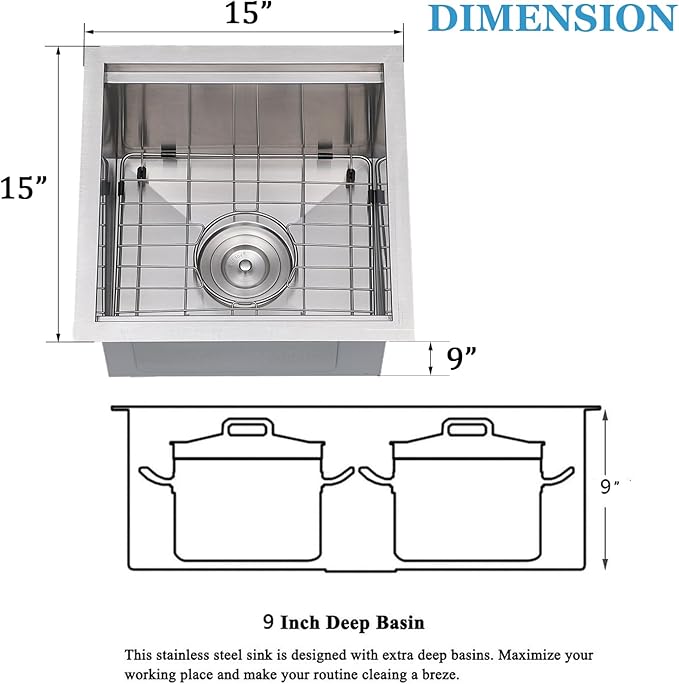 SHACO 15x15 Inch Undermount Bar Sink,15 Inch Stainless Steel Single Bowl Handmade Brushed Nickel 16 Gauge Small Kitchen Workstation Laundry Sink with Ledge and Accessories