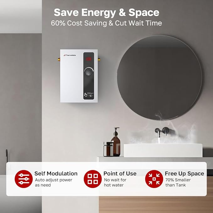Tankless Water Heater Electric, ThermoMate 8kW at 240 Volt, On Demand Instant Hot Water Heater for Point of Use, Self-Modulating Save Energy, Save Space, 1.56GPM at 35°F Rise
