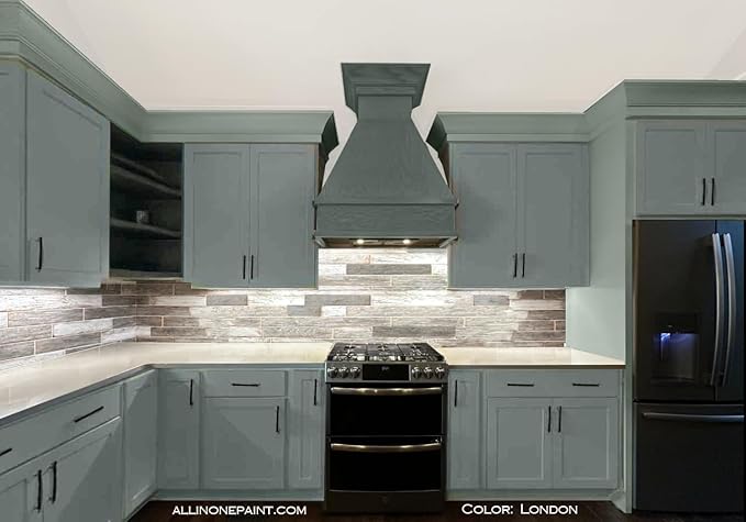 ALL-IN-ONE Paint, Durable cabinet and furniture paint. Built in primer and top coat, no sanding needed. Includes our 30 featured color card - London (green gray), 8oz Sample