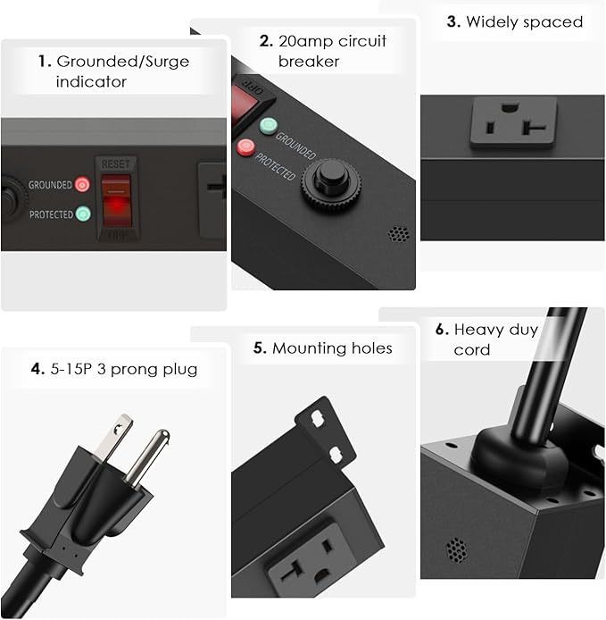 JUNNUJ Long Metal 16 Outlet Power Strip,Wide Spaced Garage Industrial Heavy Duty Power Strip,Surge Protection 4800J,Wall Mount Screws Outlet with Switch 5-15P High Amp 6-20R T-Slot (Black, 6FT)