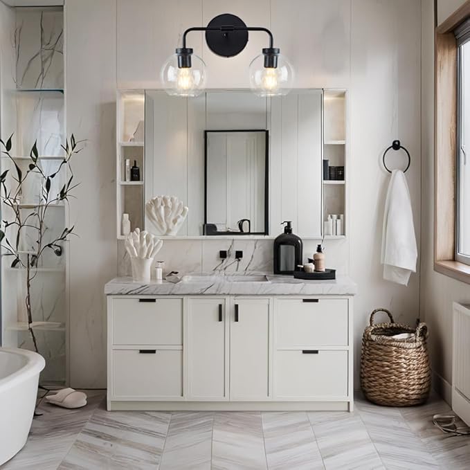 Globe Shade with Brass Accents Double Light Sconce, Chrome Bathroom Sconces, Indoor Sconce Wall Lights, 17.5" w x 10.5" d x 12.5" h (Matte-Black)