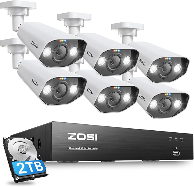 ZOSI 4K Security Camera System,6pcs 4K Outdoor Indoor PoE Cameras,8 Ports 16CH 8MP NVR with 2TB HDD,Person Vehicle Detection,2 Way Audio,Spotlight Siren, Color Night Vision,for Home 24/7 Recording