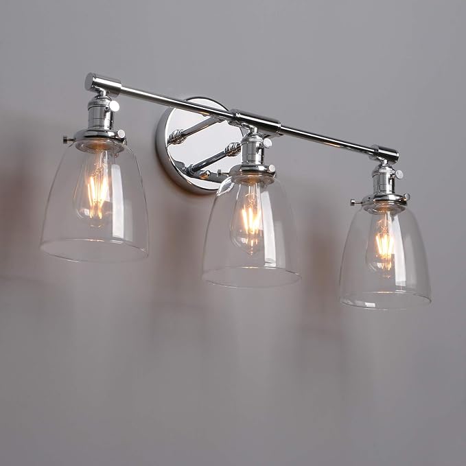 Phansthy 3-Light Wall Sconces Antique Brass Vanity Light, Industrial Wall Lamps with On Off Switch and Clear Glass Lampshade, Vintage Wall Lighting for Bathroom Living Room (Chrome, Bell Shade)