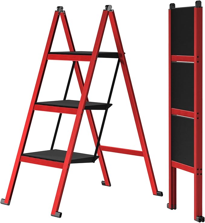 3 Step Ladder,Aluminum Ultra Thin Folding Step Stool,400 Lbs Capacity Heavy Duty with Anti-Slip Sturdy and Wide Tread,Closet Slim Step for Home,Kitchen and Office,Space Saving (Red, 3-Step)