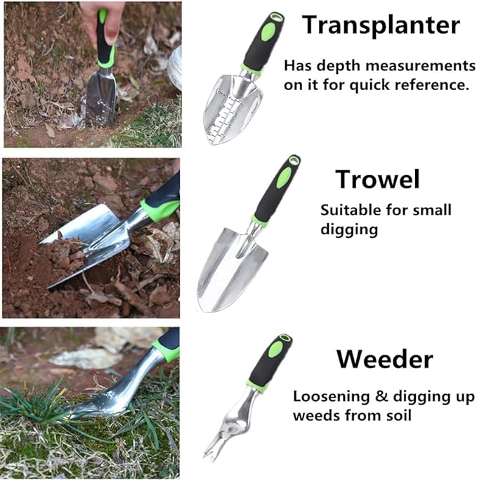 Garden Tool Set, 8 Pcs Heavy Duty Aluminum Rustproof Gardening Hand Tools，with Non-Slip Rubber Grip,Durable Storage Tote Bag,Outdoor Hand Tools, Idea for Transplanting, Weeding, Digging and Planting
