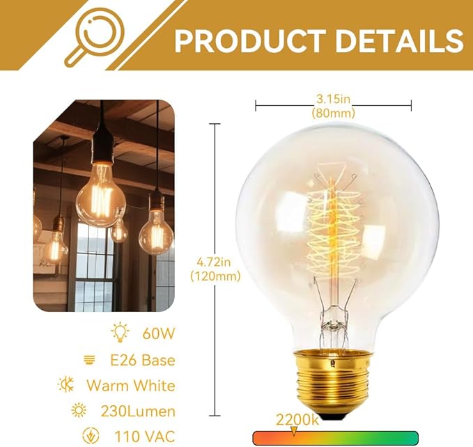 Jslinter Incandescent Light Bulbs 60 Watt Dimmable Bulbs 4 Pack, 2200K G80 Soft Light Bulbs Warm Light, 110v E26 Eecorative Light Bulb, Vintage 230LM Edison Bulb for Bedrooms, Living Rooms
