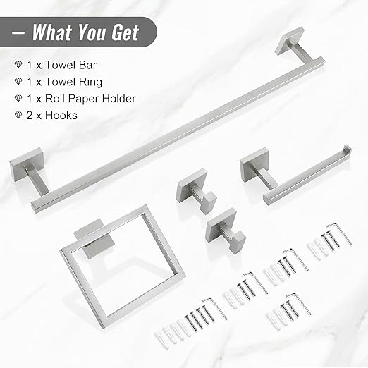 YACVCL Towel Bar Set, 5 Pieces Bathroom Hardware Set Brushed Nickel Bathroom Accessories, SUS304 Stainless Steel Towel Racks Holder Set Wall Mounted 23.6 Inch