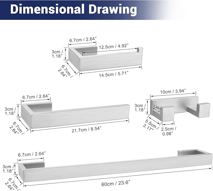 Brushed Nickel Bathroom Hardware Set, 4-Piece Bath Towel Bar Set SUS304 Stainless Steel Towel Rack Set for Bathroom, 23.6 inches Bathroom Towel Holder Set Wall Mounted